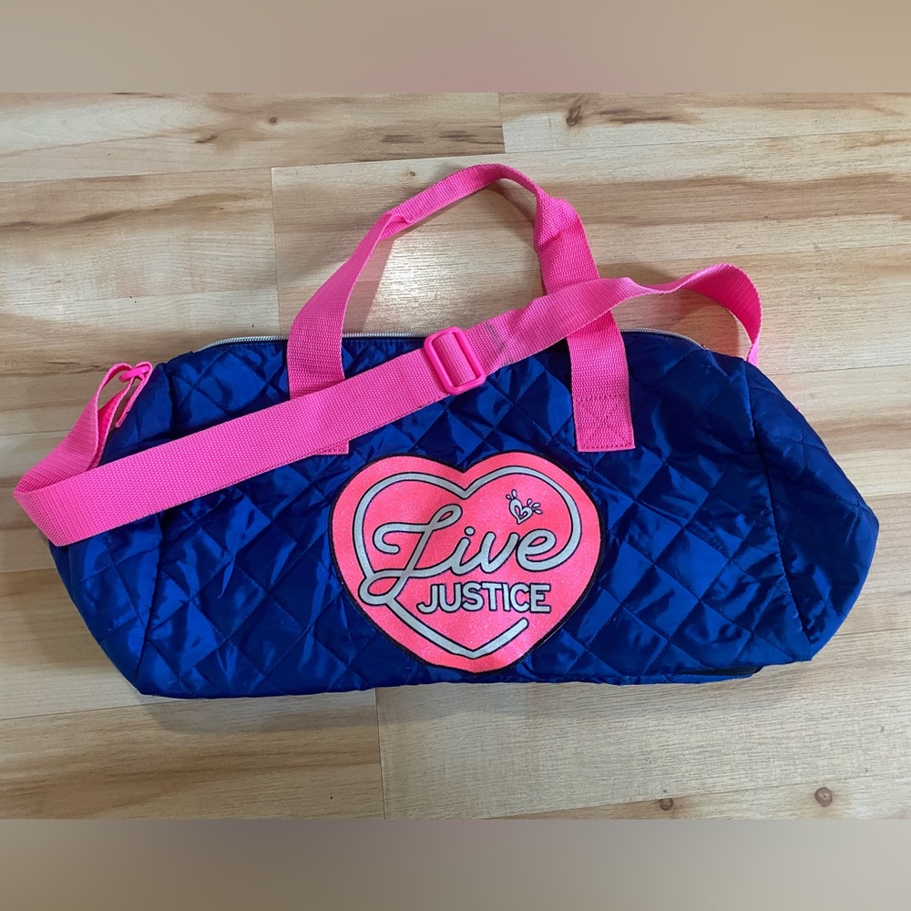 Live Justice Blue & Pink Quilted Carry All Duffle Bag With Glitter Heart Logo